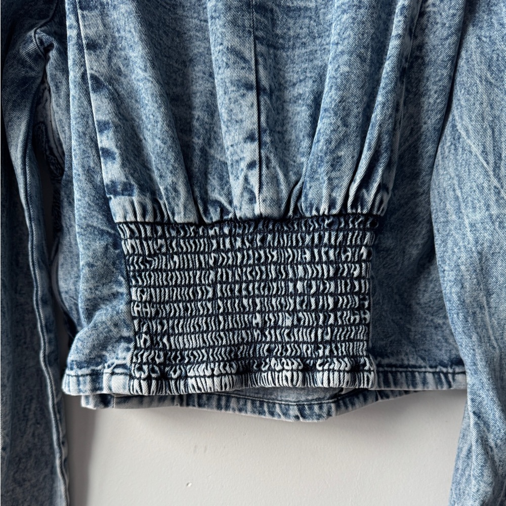Pilcro Blue Embroidered Puff-Sleeve Denim Crop Top - Picture 9 of 16